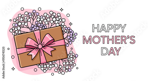 A gift box with a pink ribbon and flowers, in a colorful flat vector style, perfect for Mother's Day greeting cards and celebrations