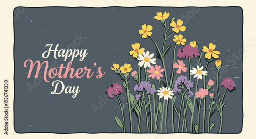 A bouquet of colorful flowers with a 'Happy Mother’s Day' greeting in hand-drawn style, ideal for greeting cards and celebrations