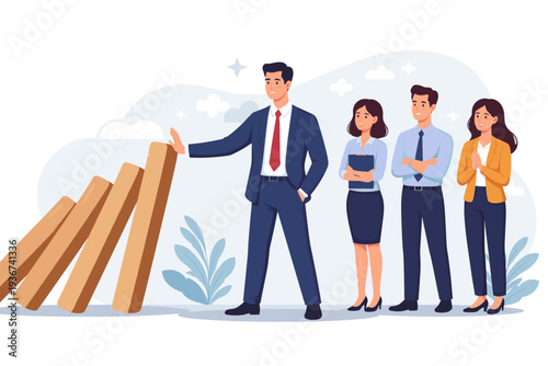 Skillful Leader Stopping Falling Dominoes to Protect Team. Business Crisis Management, Problem Solving, and Reliability Concept. Professional Manager Ensuring Stability, Trust, and Success.