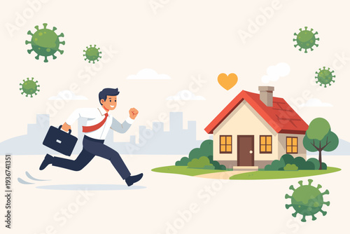 Businessman running to his house for safety and protection during the COVID-19 coronavirus pandemic outbreak, stay home concept for social distancing and virus prevention vector illustration.