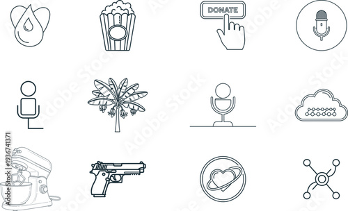 Collection of 10 simple line icons including various objects and symbols
