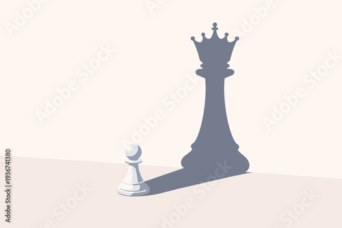 Successful and Big Dream Concept with a White Chess Pawn Casting a Queen Shadow on a Wall, Representing Ambition, Self Confidence, Hidden Potential, Leadership, and Future Success Vision.