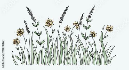 A collection of wildflowers and grass in an outline minimalist vector style, perfect for nature-themed designs and illustrations