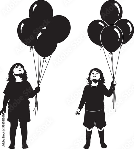 Two children holding bunches of balloons looking up, black and white silhouette illustration.