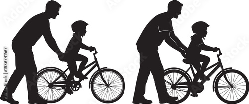 Father teaching child to ride bicycle, silhouette illustration, black and white, father and son bonding.
