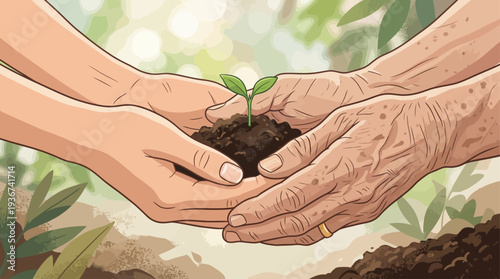 Close Up Hands Holding Seedling Vector