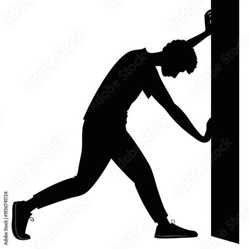 exhausted person silhouette leaning against wall, burnout and mental fatigue concept