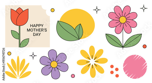 A cheerful Mother's Day illustration featuring colorful flowers, a greeting card, and decorative elements in a modern flat vector style, perfect for greeting cards and gifts.