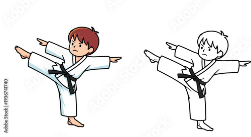 Cartoon young boy practicing martial arts karate high kick in white gi and black belt. Colored illustration and black and white outline version for coloring book.