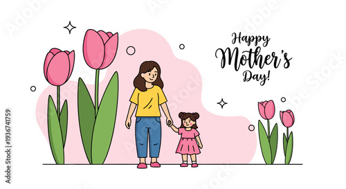 A mother and daughter holding hands among tulip flowers in a cheerful cartoon vector style, celebrating Mother's Day