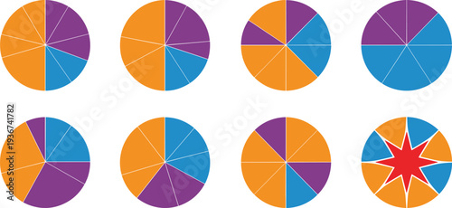 Set of eight colorful pie charts with segmented patterns and highlighted correct answer, representing puzzle, logic test, reasoning challenge, brain teaser, and educational design concepts.