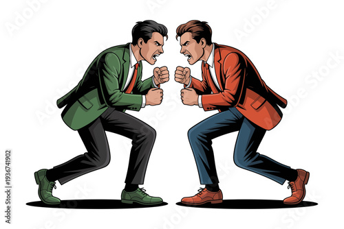 Businessman cartoon illustration of two men in a fighting stance