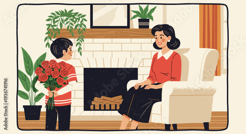 A boy presenting a bouquet of roses to his mother by the fireplace in a cozy vintage-style vector illustration, perfect for family-themed designs