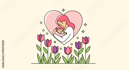 A loving mother embracing her child in a heart shape, surrounded by colorful tulips in minimalist vector style, perfect for family and parenting themes