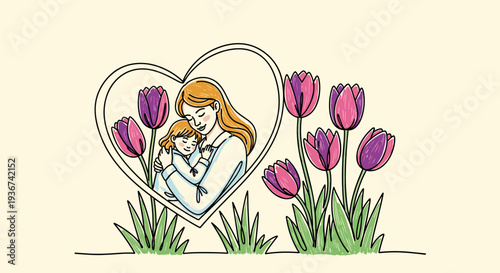 A mother embracing her child surrounded by tulips in a floral heart design, illustrated in a colorful modern vector style, perfect for family-themed projects