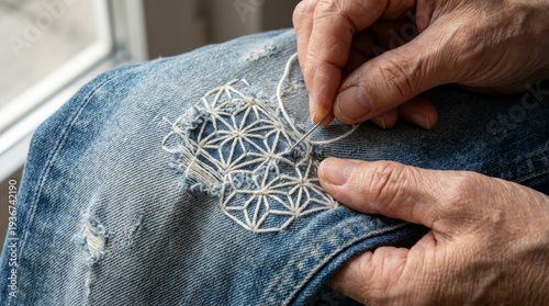 Artisan Mending Denim Jeans with Traditional Japanese Sashiko Stitching. Represents sustainable fashion, zero waste, and slow living.