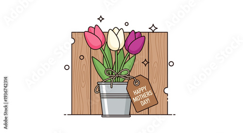 A bouquet of colorful tulips in a metal bucket with a wooden background and a tag saying 'Happy Mother's Day' in flat modern vector style, perfect for greeting card designs.
