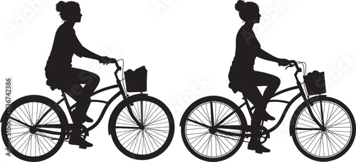 Woman riding a bicycle with basket, black and white silhouette illustration.