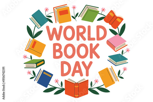 A colorful World Book Day illustration with books and flowers