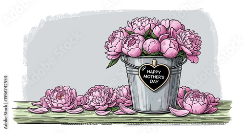 A bucket of pink peonies with a heart-shaped tag saying Happy Mother's Day in vintage hand-drawn style, perfect for greeting cards and floral designs