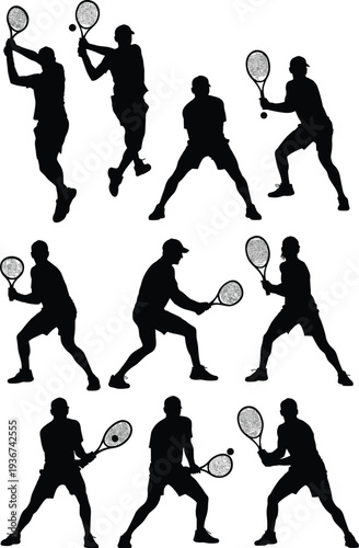Collection of tennis player silhouettes showing different forehand, backhand and serve poses, professional athlete action set isolated on white background, sports activity illustration