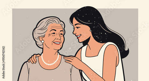 A heartwarming illustration of a young woman interacting with an elderly lady in a modern vector style, ideal for family-themed projects
