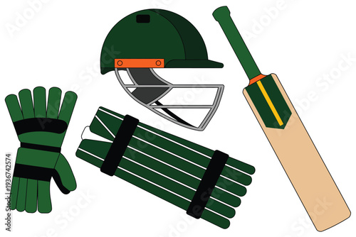 Cricket equipment vector illustration including bat, helmet, gloves, and stumps