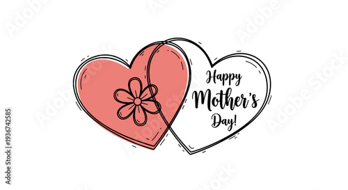 A pair of intertwined hearts with a flower and the text 'Happy Mother's Day' in a hand-drawn style, perfect for greeting cards and gifts.