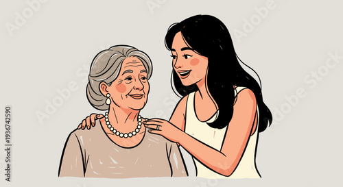 A young woman and an elderly woman sharing a moment together in a modern flat vector style, ideal for family-themed designs