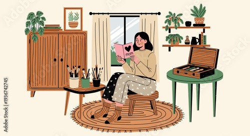 A woman reading a magazine in a cozy living room with plants and artistic decor in modern vector style, ideal for home and lifestyle projects
