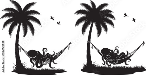Funny silhouette of an octopus relaxing in a hammock strung between two palm trees on a tropical beach, with birds flying overhead.