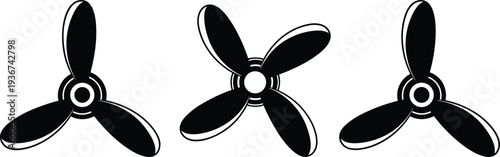 Stylized propeller icons with three‑blade and four‑blade designs, symbolizing aerodynamics, engineering, aviation, rotation mechanics, and industrial design concepts.