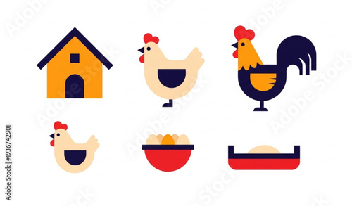 Minimal Chicken Farm Icon Vector Set with Coop and Poultry Elements
