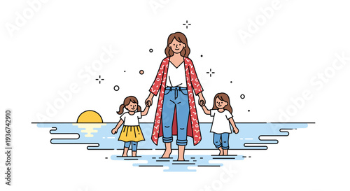 A mother holding hands with her two children at the beach in a colorful flat vector style, perfect for family-themed projects