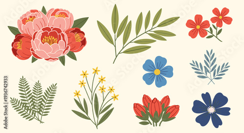 A collection of colorful floral elements including peonies, wildflowers, and leaves in a modern vector style, perfect for spring-themed designs