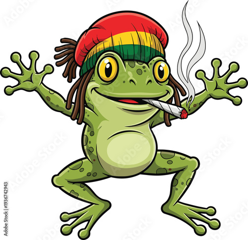 Funny cartoon frog smoking joint wearing rastafarian hat reggae style amphibian character mascot cute comic frog vector illustration