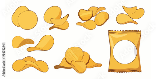 Potato chips collection with snack bag flat cartoon vector set