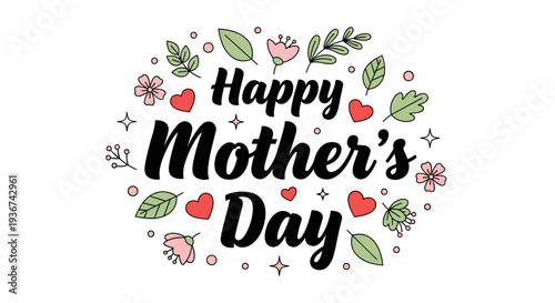 A decorative typography design saying 'Happy Mother's Day' surrounded by flowers and leaves in colorful vector style, ideal for greeting cards and gifts