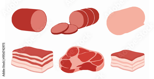 Beef pork lard and salami flat modern realistic food vector icons