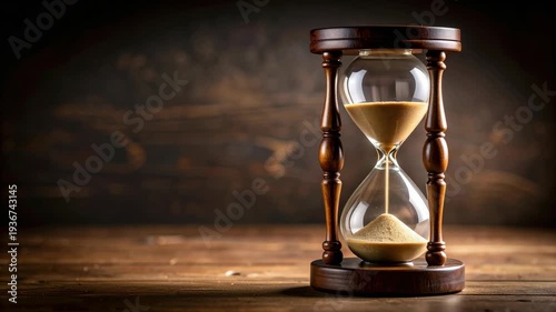 Vintage wooden hourglass with sand flowing through glass bulbs on a rustic wooden table in a dark room