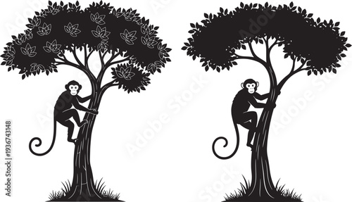 Black and white silhouette illustration of a monkey climbing a stylized tree with a curly tail, representing agility and mischief.