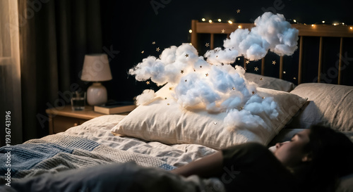 The magic of dreams. A person sleeps soundly as whimsical clouds and stars float above their pillow in a cozy, dark bedroom. Rest and imagination concept.. High quality photo
