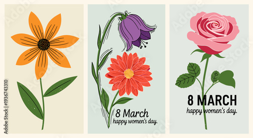A collection of three floral illustrations celebrating 8 March, featuring colorful flowers in a modern vector style, perfect for Women's Day cards and designs