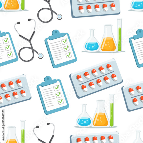 Seamless healthcare pattern with stethoscope, clipboard, pills and laboratory glassware