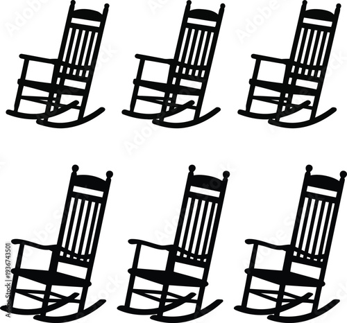 Six black wooden rocking chairs on white background