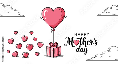A heart-shaped balloon floating above a gift box with hearts in a whimsical vector style, ideal for Mother's Day greetings
