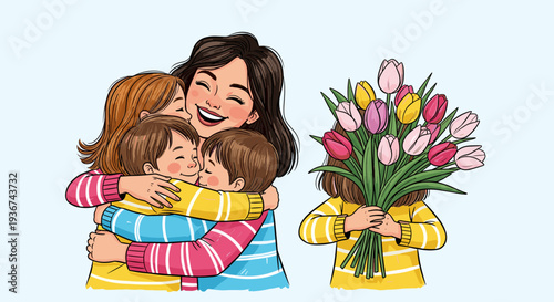A joyful mother hugging her children while holding a bouquet of flowers in colorful vector style, ideal for family-themed illustrations