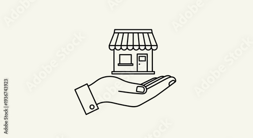 Small Business Support Concept – Hand Holding Local Shop Storefront Line Illustration