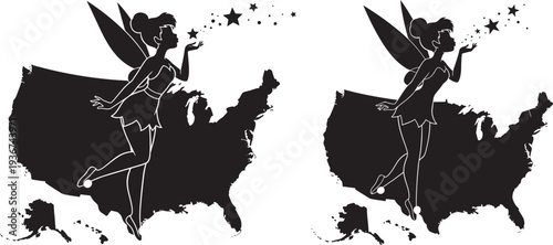 Silhouette of a fairy blowing stars over a map of the USA, representing dreams, magic, and the American spirit.