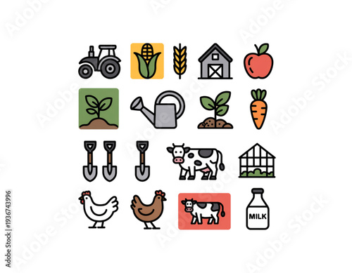 Assorted icons representing various tools, vehicles, and household items isolated on transparent background